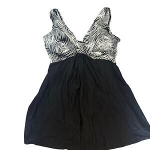 A.C.T. black swimdress swimsuit size 16W tropical leaf bust control panel